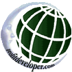 Profit Developer logo - woman's face on moon crescent looking right at green earth 